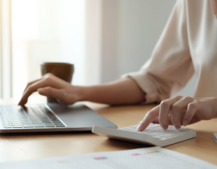 Woman using computers and calculator.